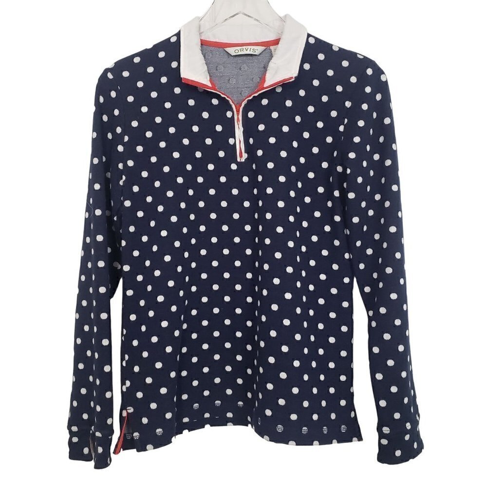 Orvis Polka Dot Sweater Knit Stretch Blue Quarter Zip Womens Size Small